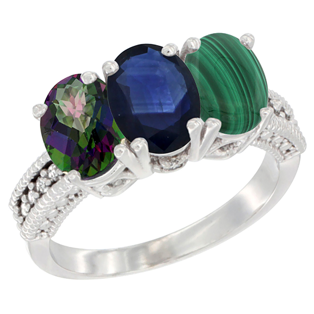 10K White Gold Natural Mystic Topaz, Blue Sapphire &amp; Malachite Ring 3-Stone Oval 7x5 mm Diamond Accent, sizes 5 - 10