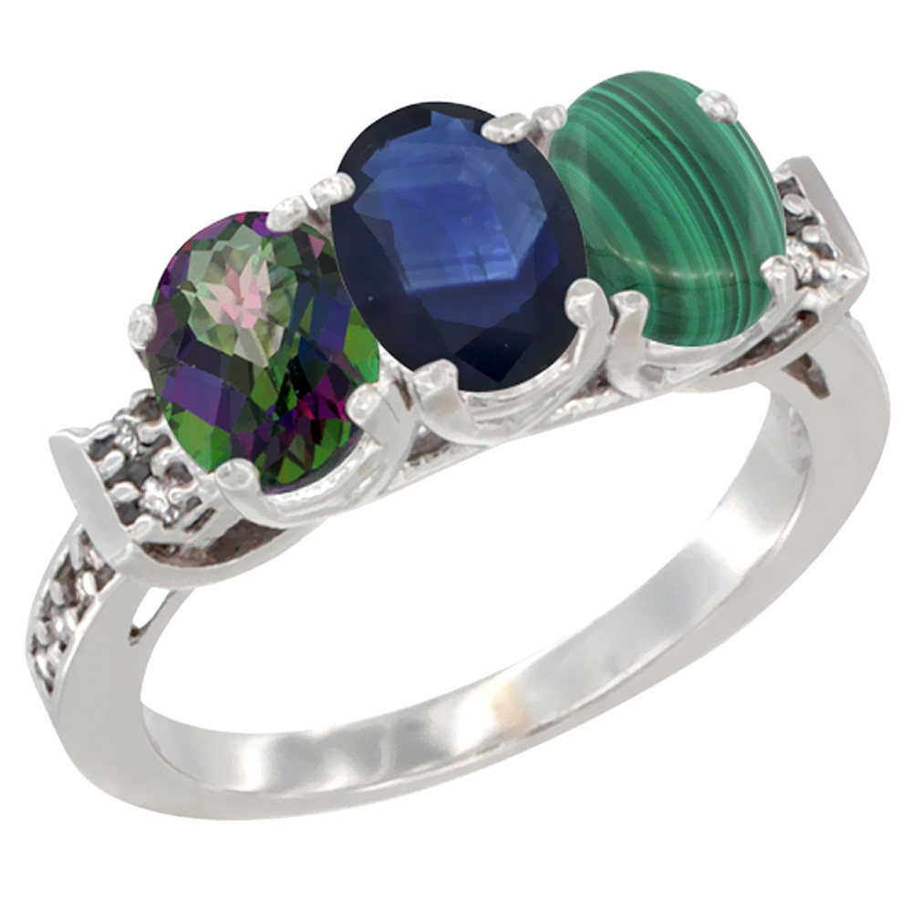 14K White Gold Natural Mystic Topaz, Blue Sapphire &amp; Malachite Ring 3-Stone 7x5 mm Oval Diamond Accent, sizes 5 - 10