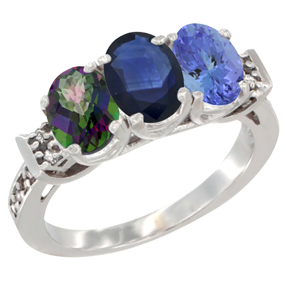 14K White Gold Natural Mystic Topaz, Blue Sapphire &amp; Tanzanite Ring 3-Stone 7x5 mm Oval Diamond Accent, sizes 5 - 10