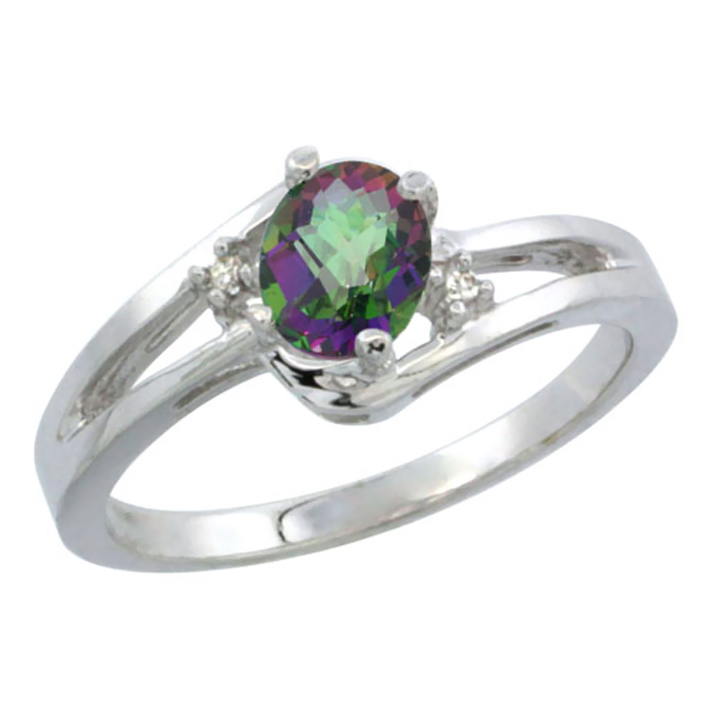 10K White Gold Diamond Natural Mystic Topaz Ring Oval 6x4 mm, sizes 5-10