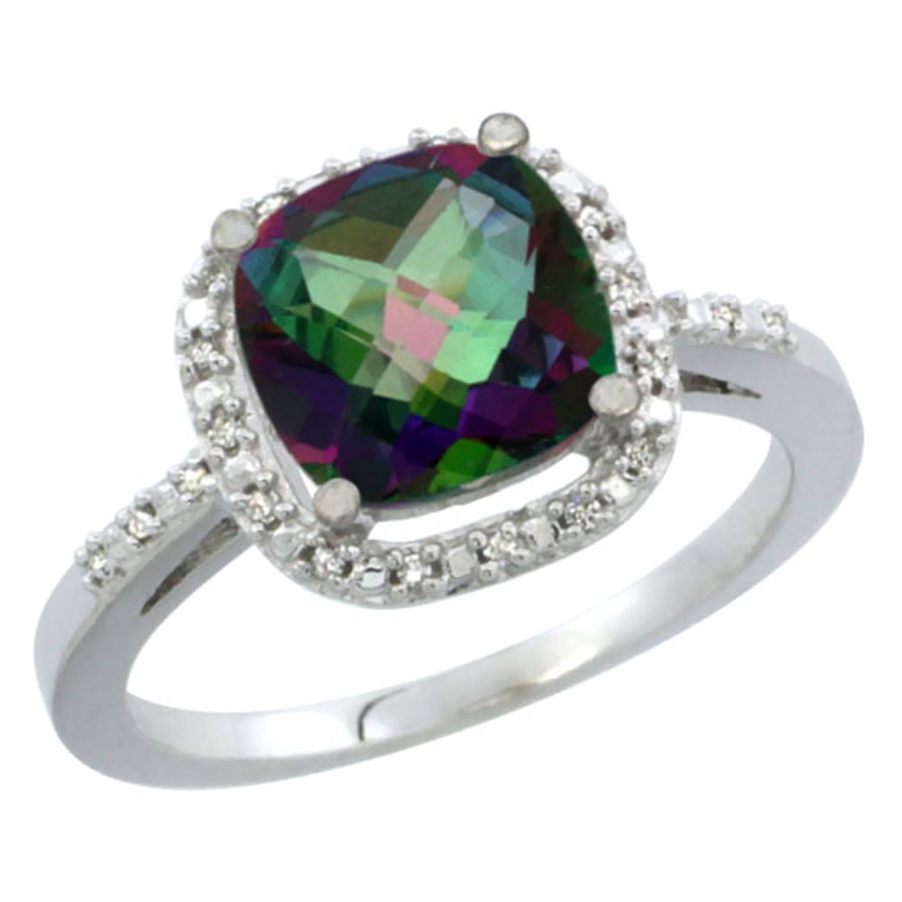 14K White Gold Natural Mystic Topaz Ring Cushion-cut 8x8mm Diamond Accent, sizes 5-10