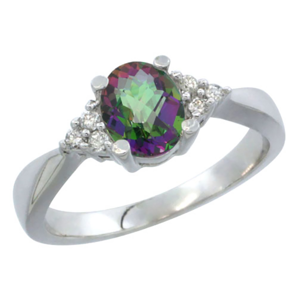 10K White Gold Diamond Natural Mystic Topaz Engagement Ring Oval 7x5mm, sizes 5-10