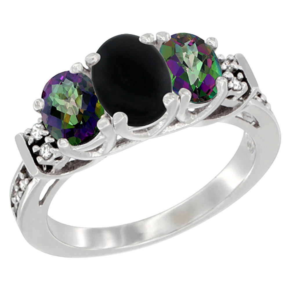 10K White Gold Natural Black Onyx &amp; Mystic Topaz Ring 3-Stone Oval Diamond Accent, sizes 5-10