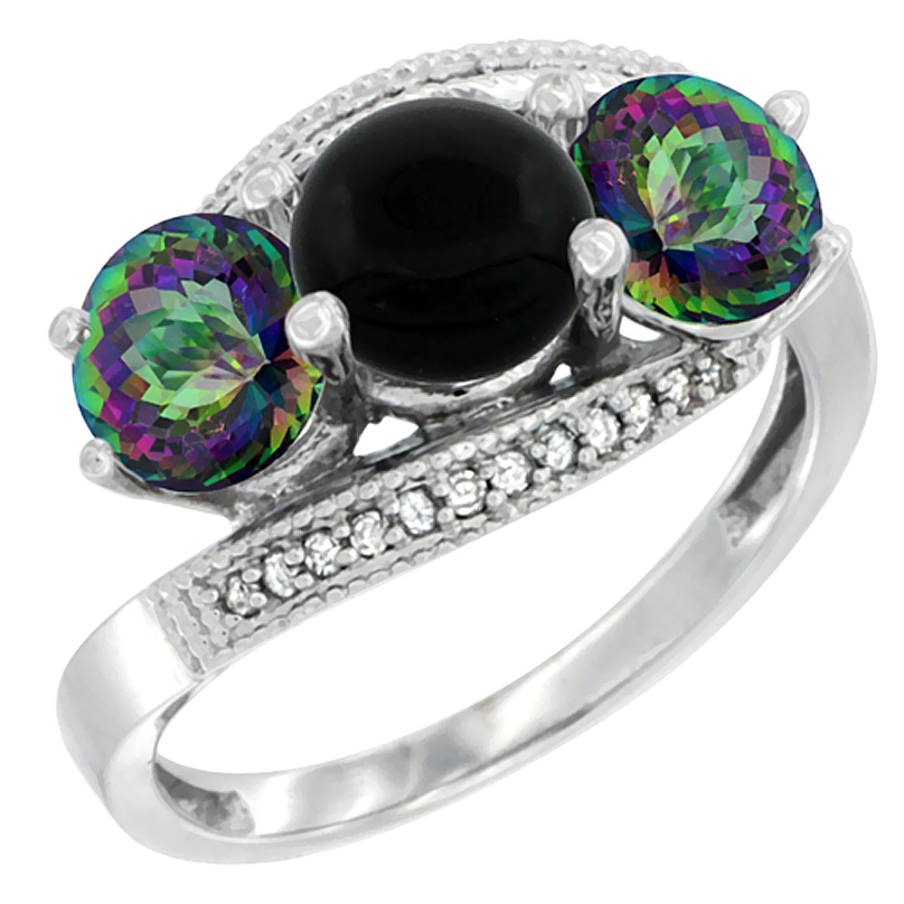 10K White Gold Natural Black Onyx &amp; Mystic Topaz Sides 3 stone Ring Round 6mm Diamond Accent, sizes 5 - 10