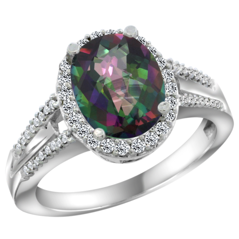 14K White Gold Natural Diamond Mystic Topaz Engagement Ring Oval 10x8mm, sizes 5-10