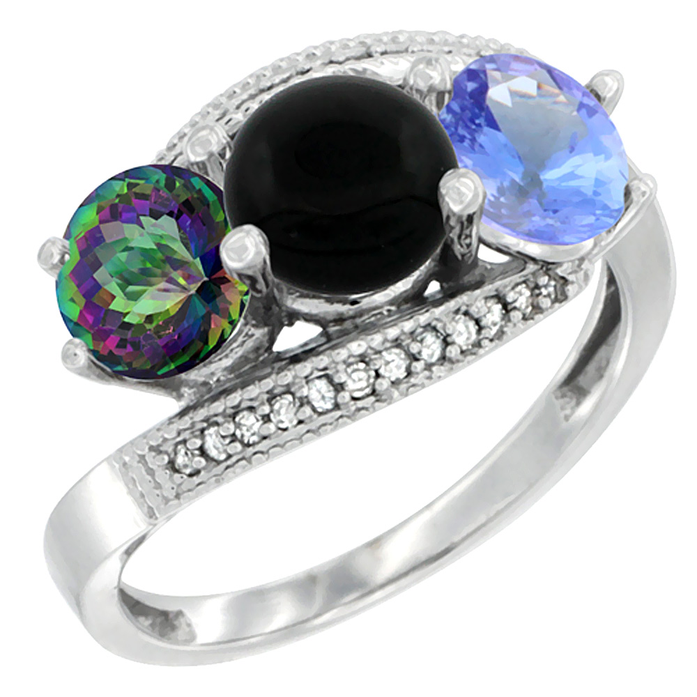 10K White Gold Natural Mystic Topaz, Black Onyx & Tanzanite 3 stone Ring Round 6mm Diamond Accent, sizes 5 - 10