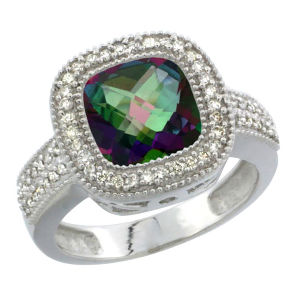 14K White Gold Natural Mystic Topaz Ring Diamond Accent, Cushion-cut 9x9mm Diamond Accent, sizes 5-10