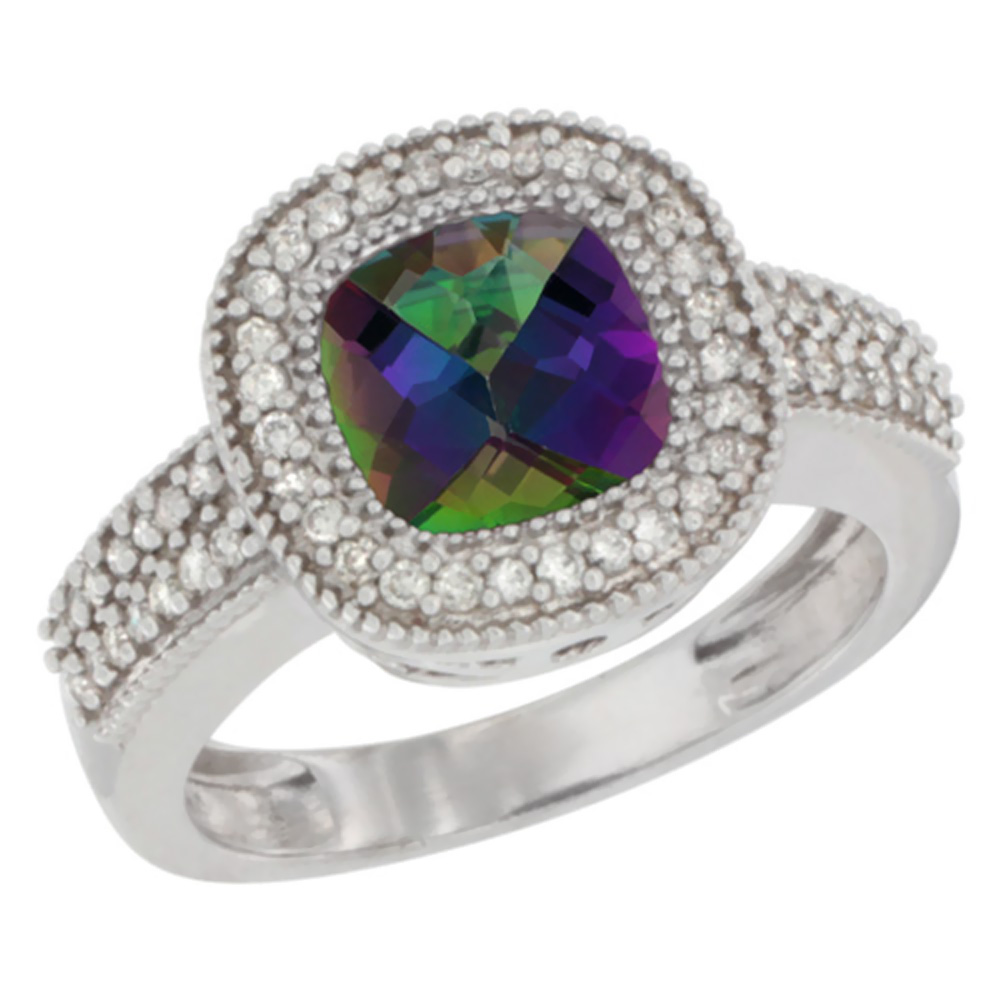 14K White Gold Natural Mystic Topaz Ring Cushion-cut 7x7mm Diamond Accent, sizes 5-10