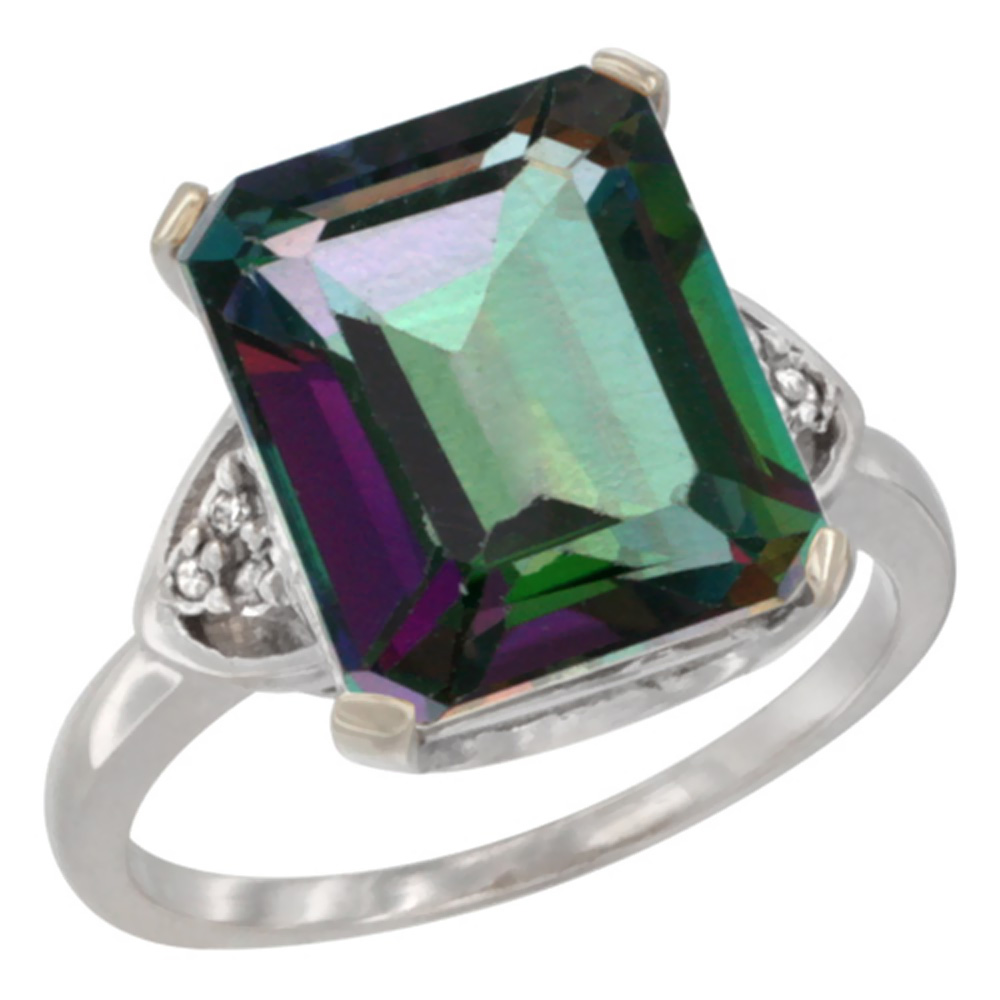 10K White Gold Diamond Natural Mystic Topaz Ring Octagon 12x10 mm, sizes 5-10