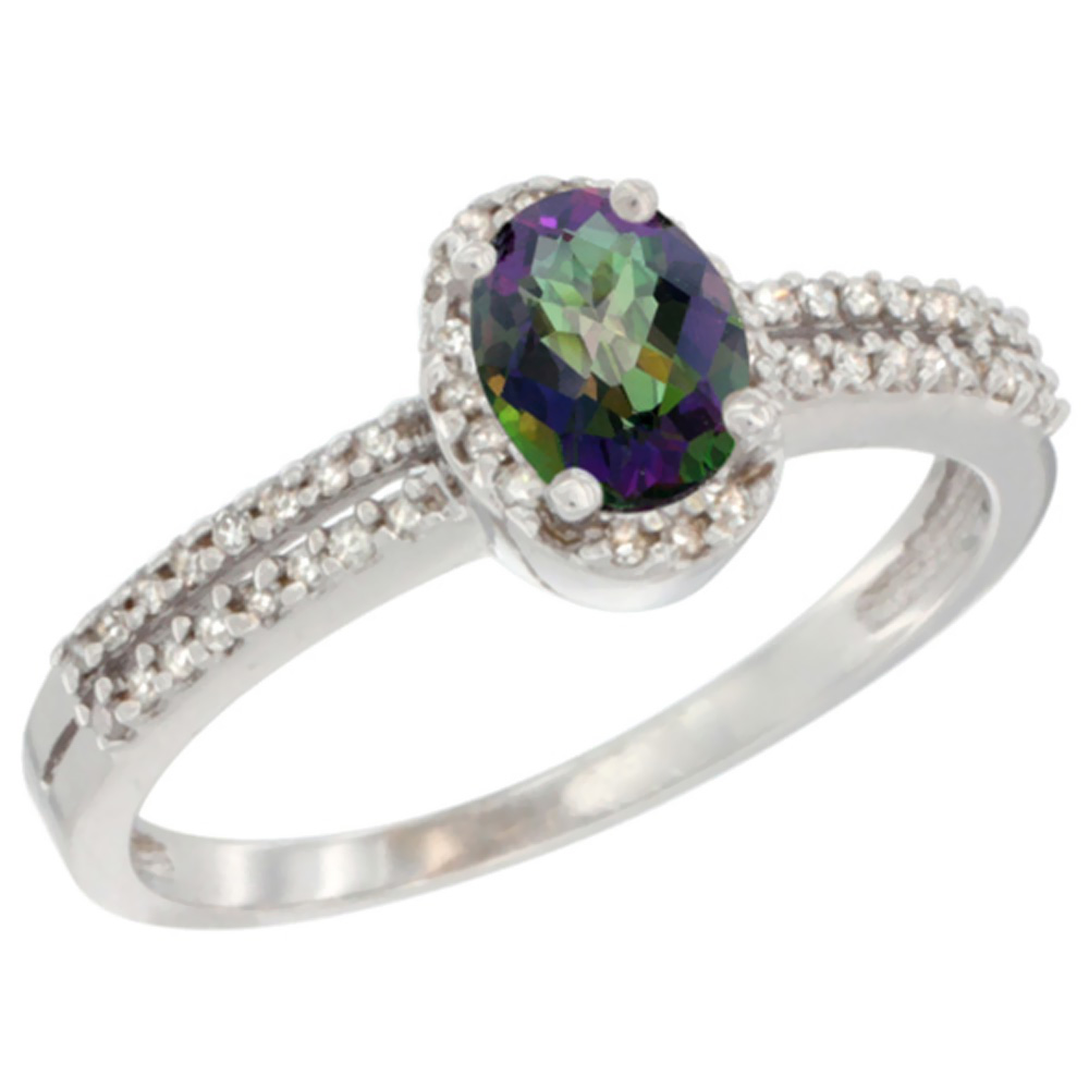 10K White Gold Natural Mystic Topaz Ring Oval 6x4mm Diamond Accent, sizes 5-10