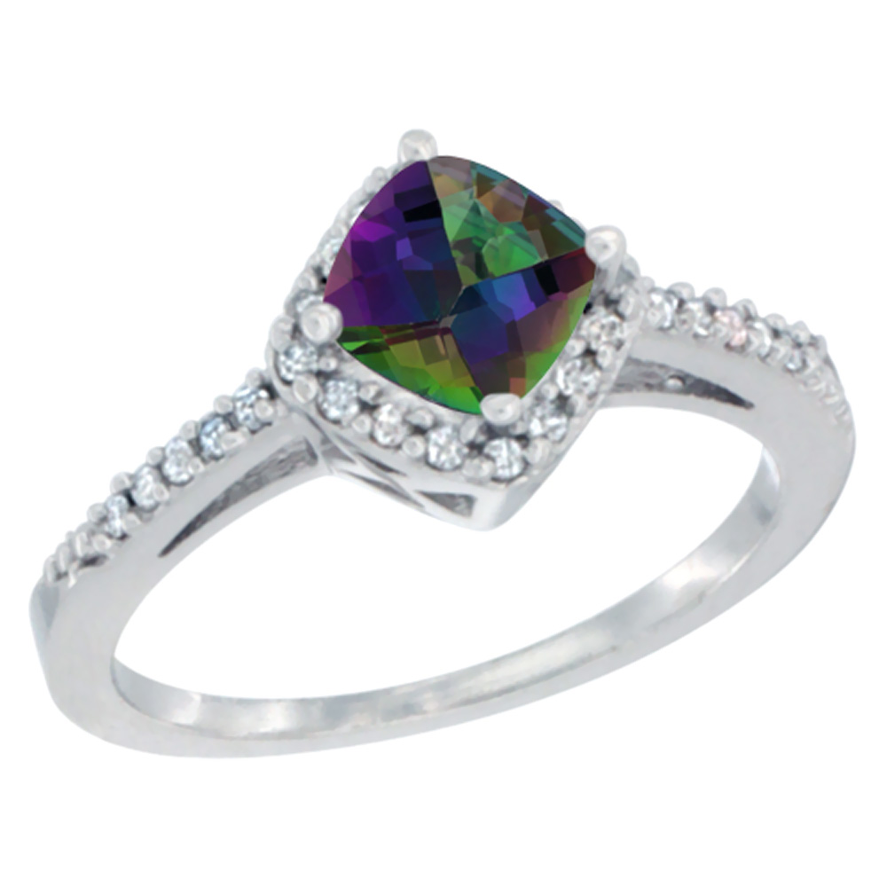 10K White Gold Natural Mystic Topaz Ring Cushion-cut 6mm Halo Diamond Accent, sizes 5 - 10