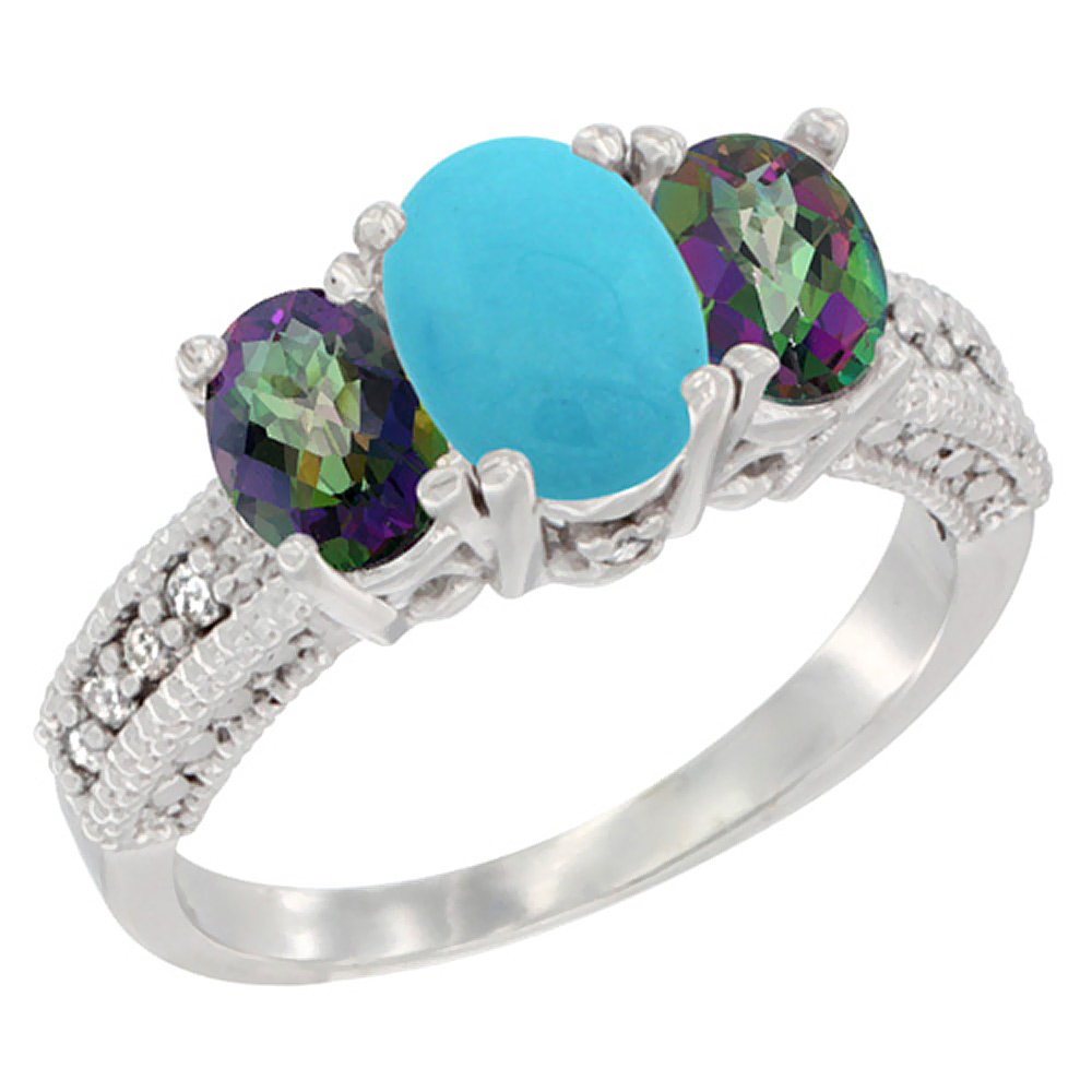 14K White Gold Diamond Natural Turquoise Ring Oval 3-stone with Mystic Topaz, sizes 5 - 10