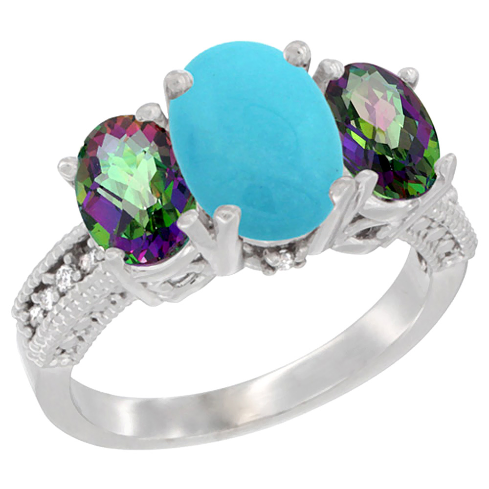 14K White Gold Diamond Natural Turquoise Ring 3-Stone Oval 8x6mm with Mystic Topaz, sizes5-10