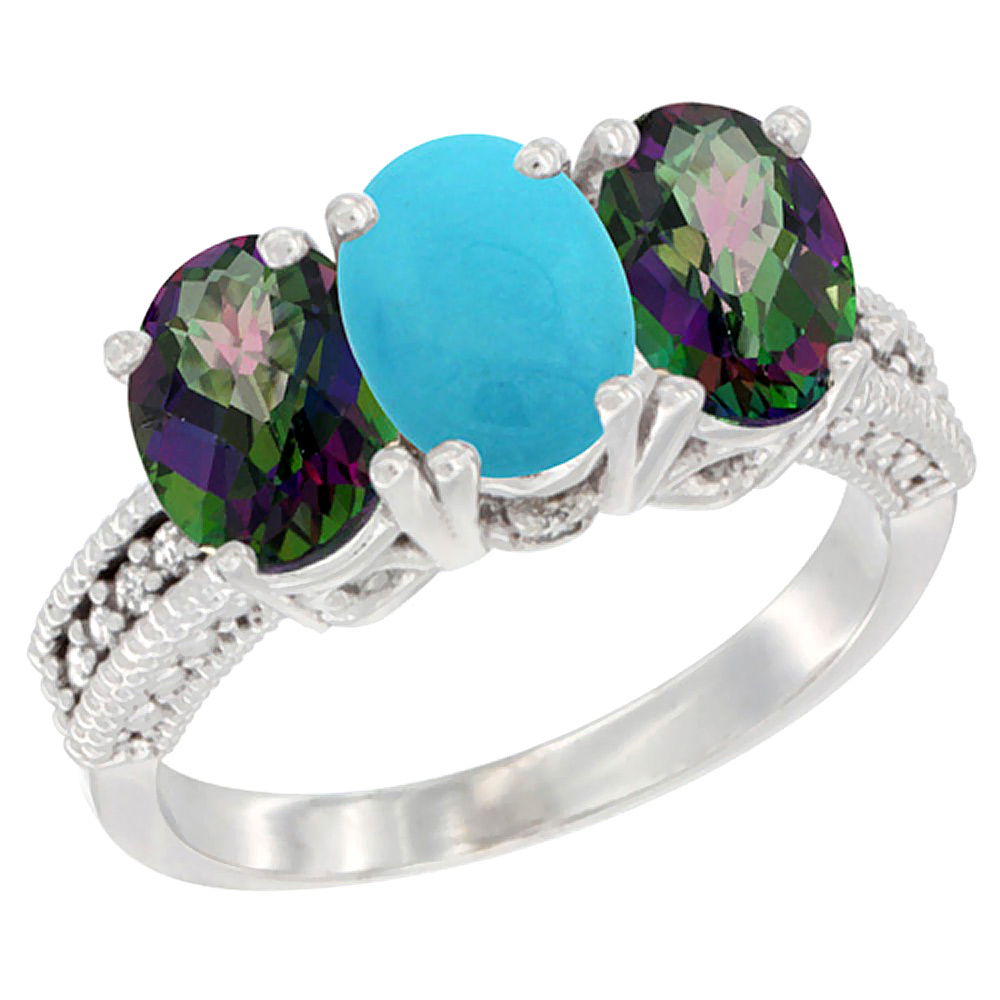 14K White Gold Natural Turquoise &amp; Mystic Topaz Sides Ring 3-Stone 7x5 mm Oval Diamond Accent, sizes 5 - 10