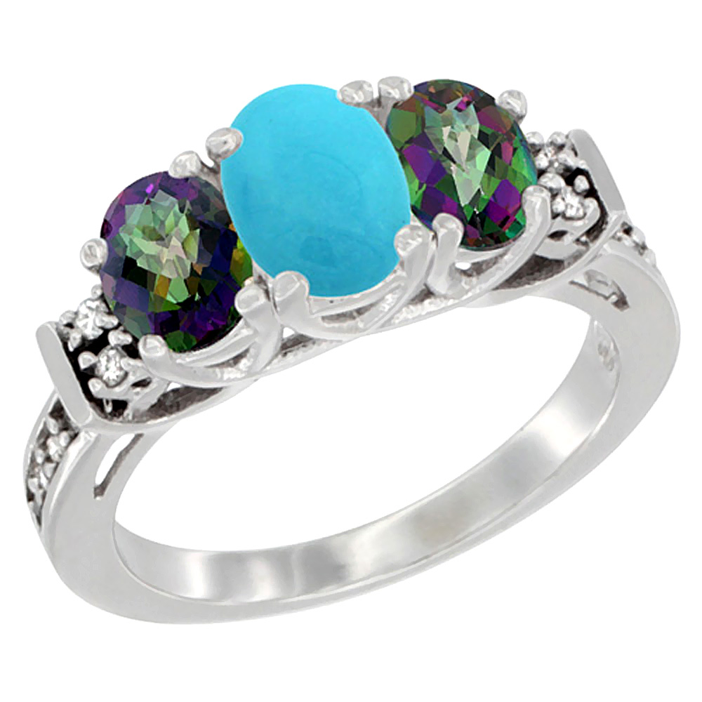 14K White Gold Natural Turquoise &amp; Mystic Topaz Ring 3-Stone Oval Diamond Accent, sizes 5-10