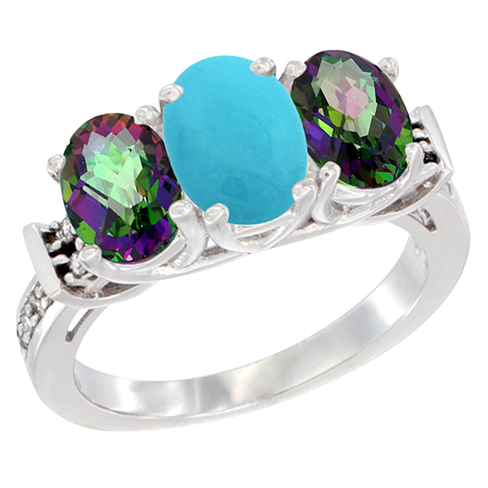 10K White Gold Natural Turquoise & Mystic Topaz Sides Ring 3-Stone Oval Diamond Accent, sizes 5 - 10