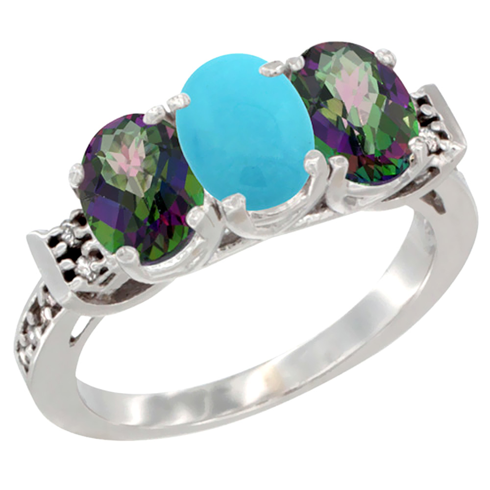 14K White Gold Natural Turquoise & Mystic Topaz Sides Ring 3-Stone 7x5 mm Oval Diamond Accent, sizes 5 - 10