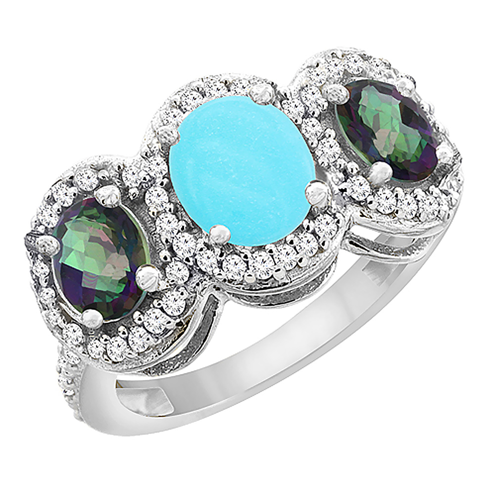 14K White Gold Natural Turquoise & Mystic Topaz 3-Stone Ring Oval Diamond Accent, sizes 5 - 10