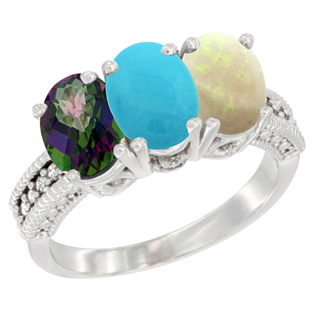 14K White Gold Natural Mystic Topaz, Turquoise &amp; Opal Ring 3-Stone 7x5 mm Oval Diamond Accent, sizes 5 - 10