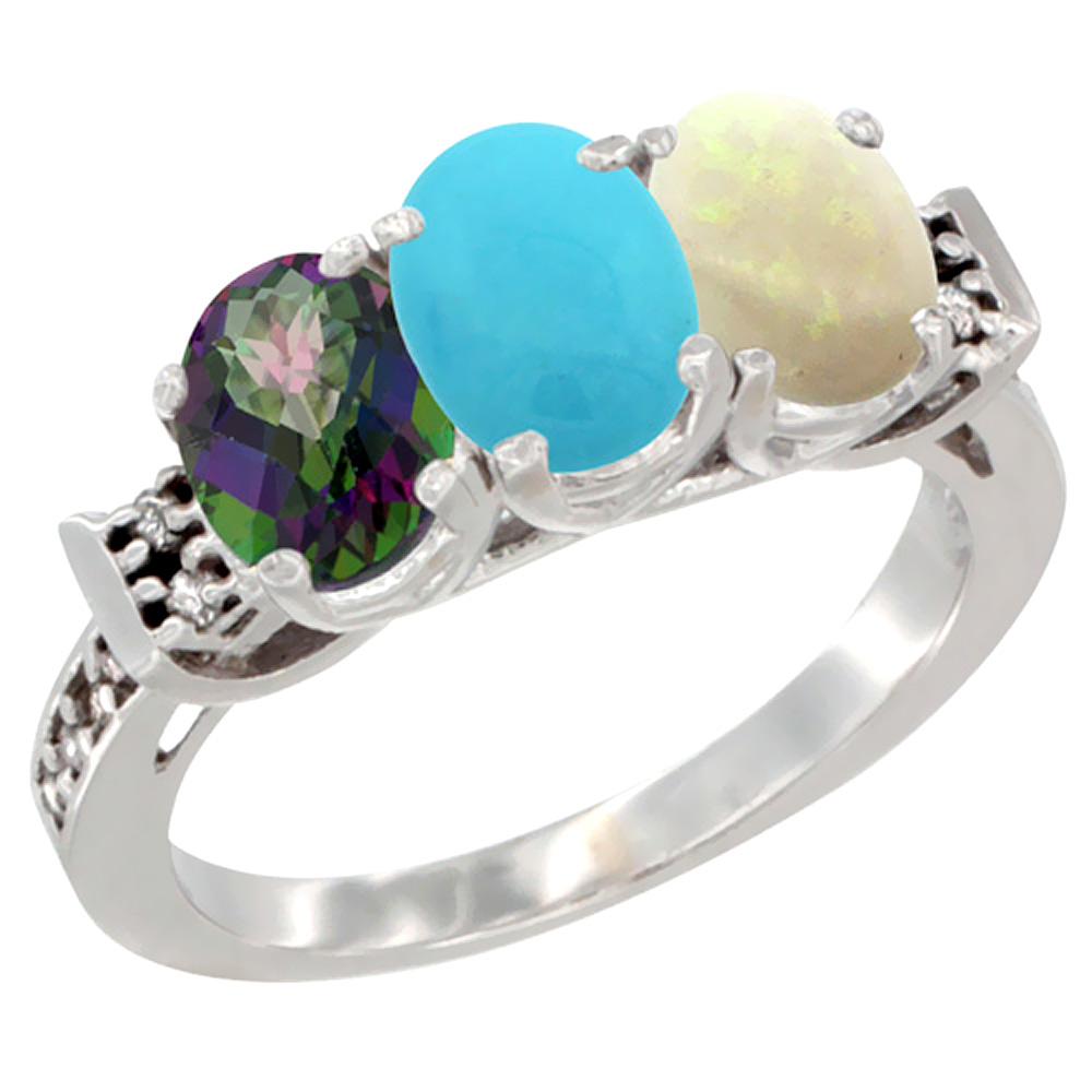 14K White Gold Natural Mystic Topaz, Turquoise & Opal Ring 3-Stone 7x5 mm Oval Diamond Accent, sizes 5 - 10