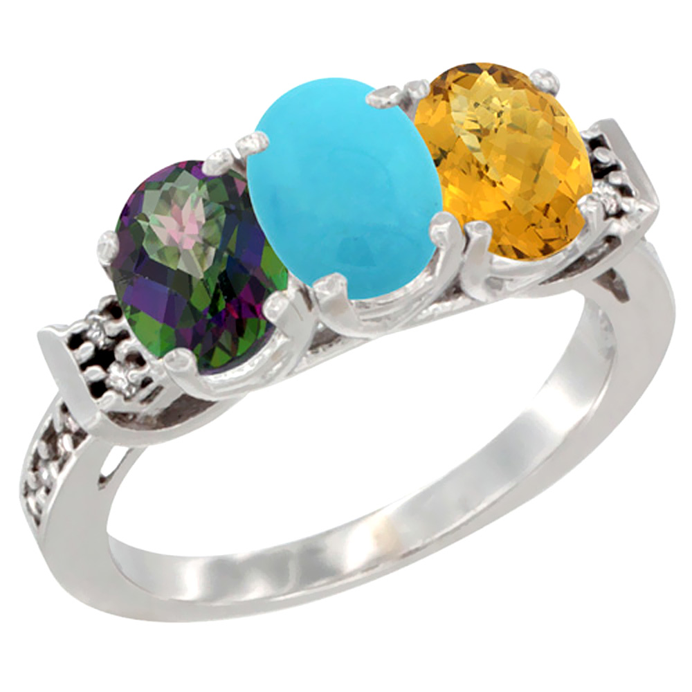 14K White Gold Natural Mystic Topaz, Turquoise & Whisky Quartz Ring 3-Stone 7x5 mm Oval Diamond Accent, sizes 5 - 10