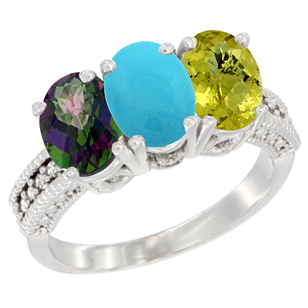 14K White Gold Natural Mystic Topaz, Turquoise &amp; Lemon Quartz Ring 3-Stone 7x5 mm Oval Diamond Accent, sizes 5 - 10