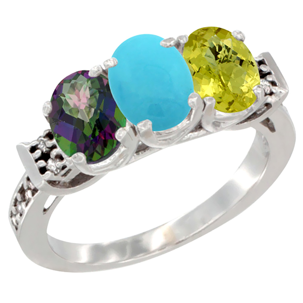 14K White Gold Natural Mystic Topaz, Turquoise & Lemon Quartz Ring 3-Stone 7x5 mm Oval Diamond Accent, sizes 5 - 10