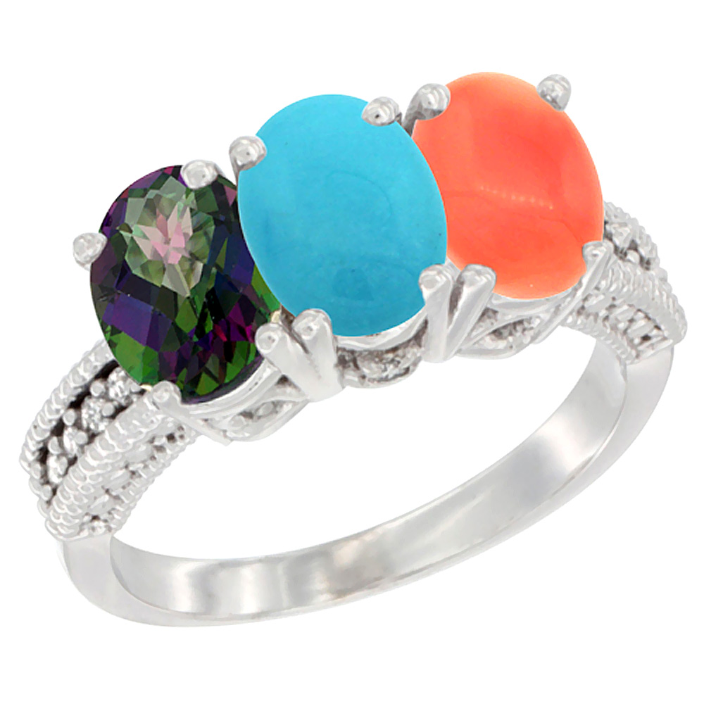 10K White Gold Natural Mystic Topaz, Turquoise & Coral Ring 3-Stone Oval 7x5 mm Diamond Accent, sizes 5 - 10