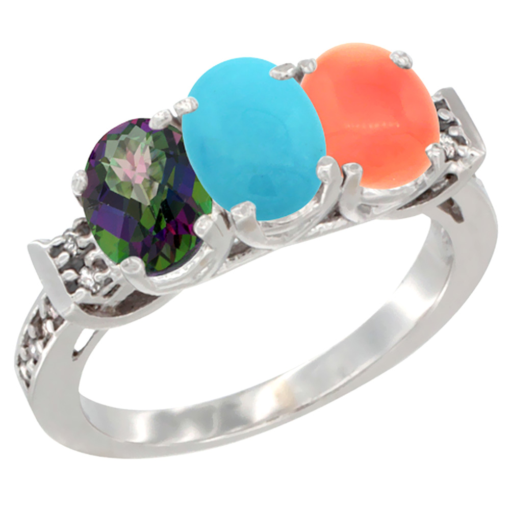 14K White Gold Natural Mystic Topaz, Turquoise & Coral Ring 3-Stone 7x5 mm Oval Diamond Accent, sizes 5 - 10