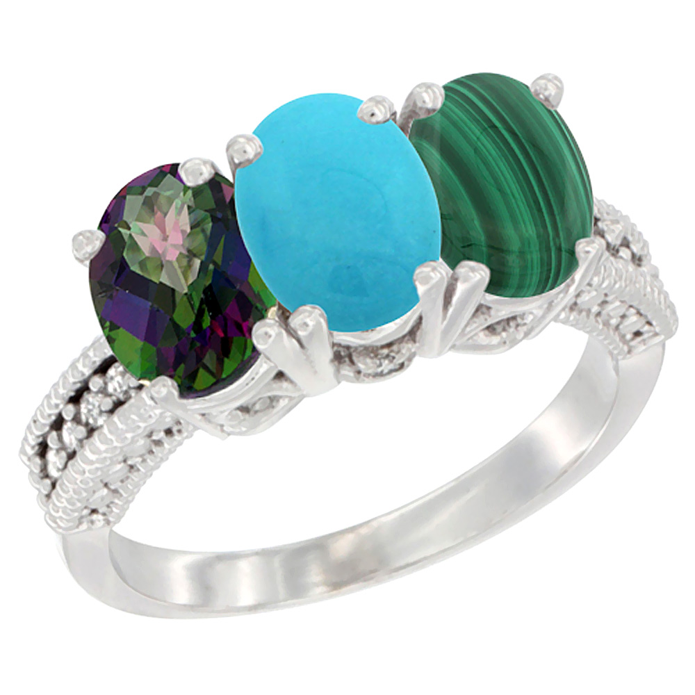 14K White Gold Natural Mystic Topaz, Turquoise & Malachite Ring 3-Stone 7x5 mm Oval Diamond Accent, sizes 5 - 10