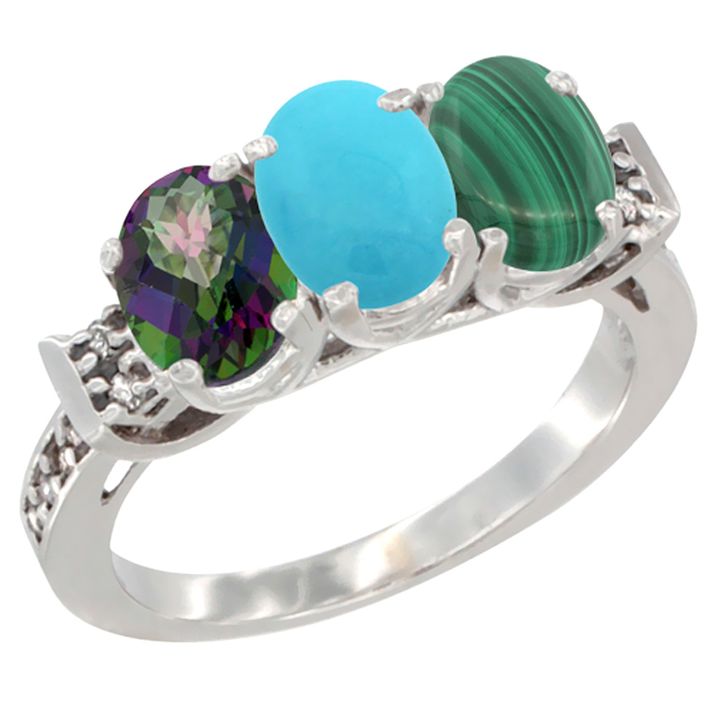 14K White Gold Natural Mystic Topaz, Turquoise &amp; Malachite Ring 3-Stone 7x5 mm Oval Diamond Accent, sizes 5 - 10