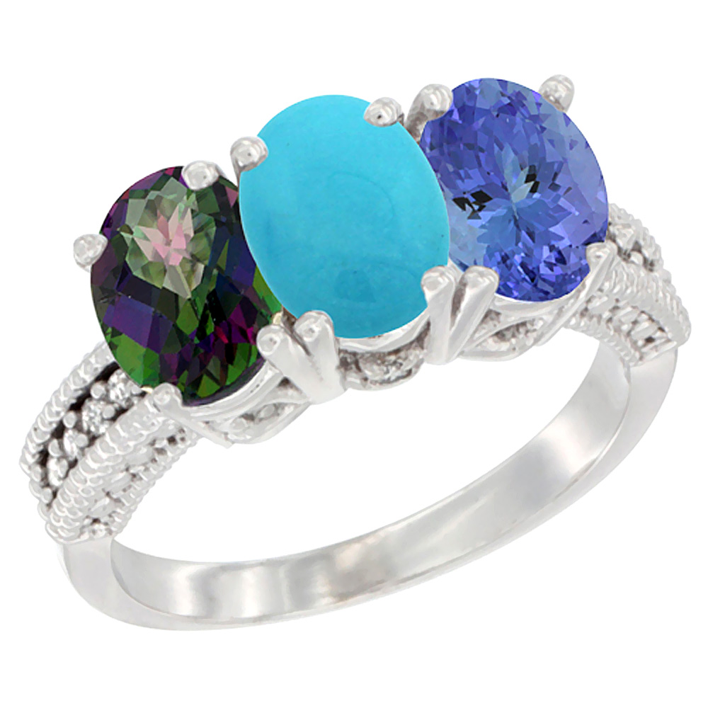 14K White Gold Natural Mystic Topaz, Turquoise &amp; Tanzanite Ring 3-Stone 7x5 mm Oval Diamond Accent, sizes 5 - 10