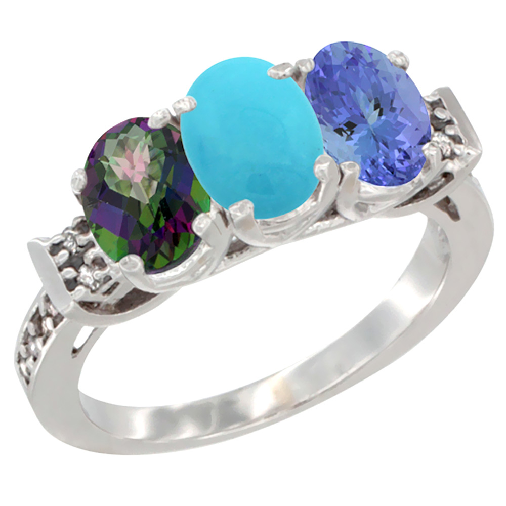 14K White Gold Natural Mystic Topaz, Turquoise & Tanzanite Ring 3-Stone 7x5 mm Oval Diamond Accent, sizes 5 - 10