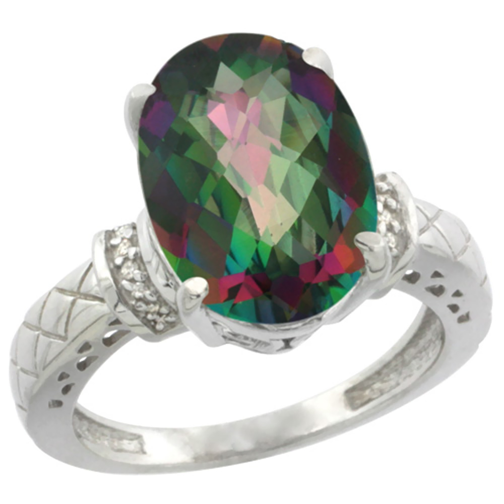 14K White Gold Natural Diamond Mystic Topaz Ring Oval 14x10mm, sizes 5-10