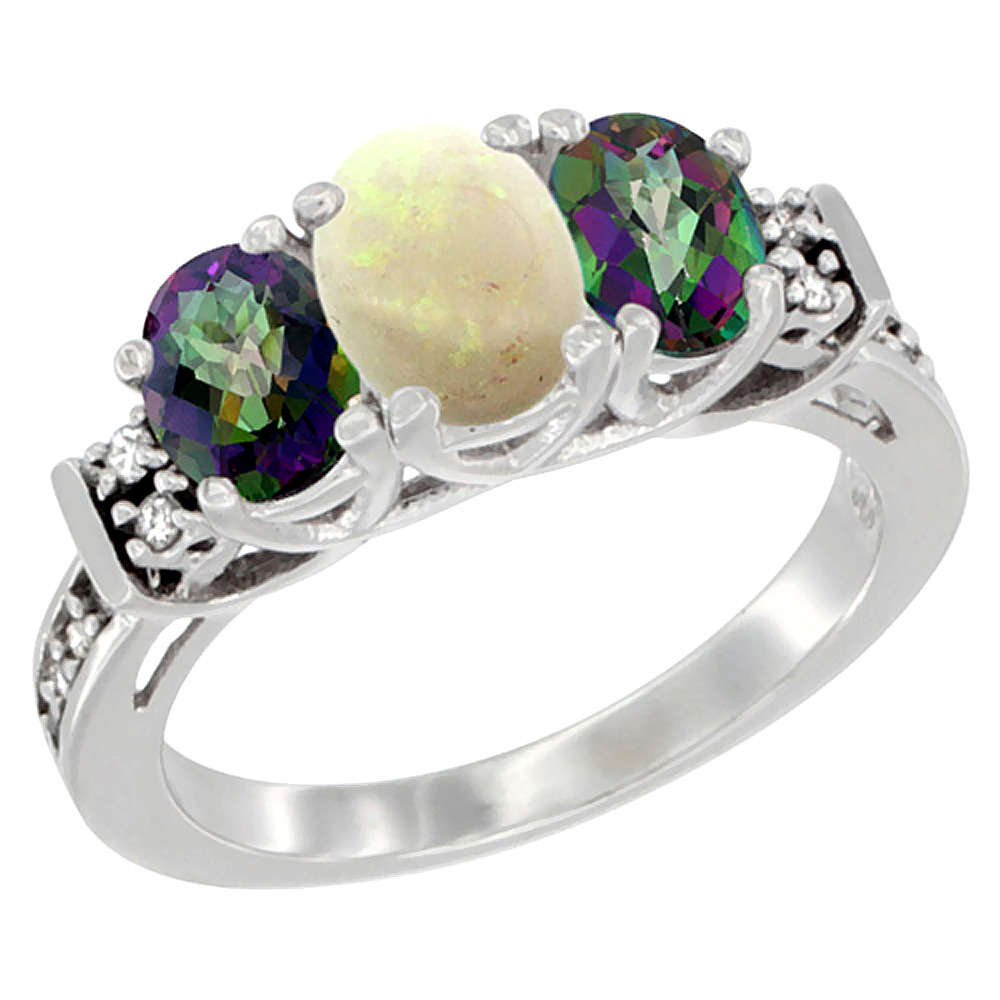 10K White Gold Natural Opal &amp; Mystic Topaz Ring 3-Stone Oval Diamond Accent, sizes 5-10