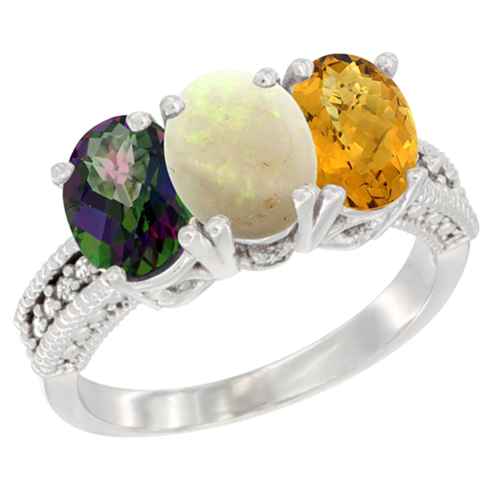 14K White Gold Natural Mystic Topaz, Opal & Whisky Quartz Ring 3-Stone 7x5 mm Oval Diamond Accent, sizes 5 - 10