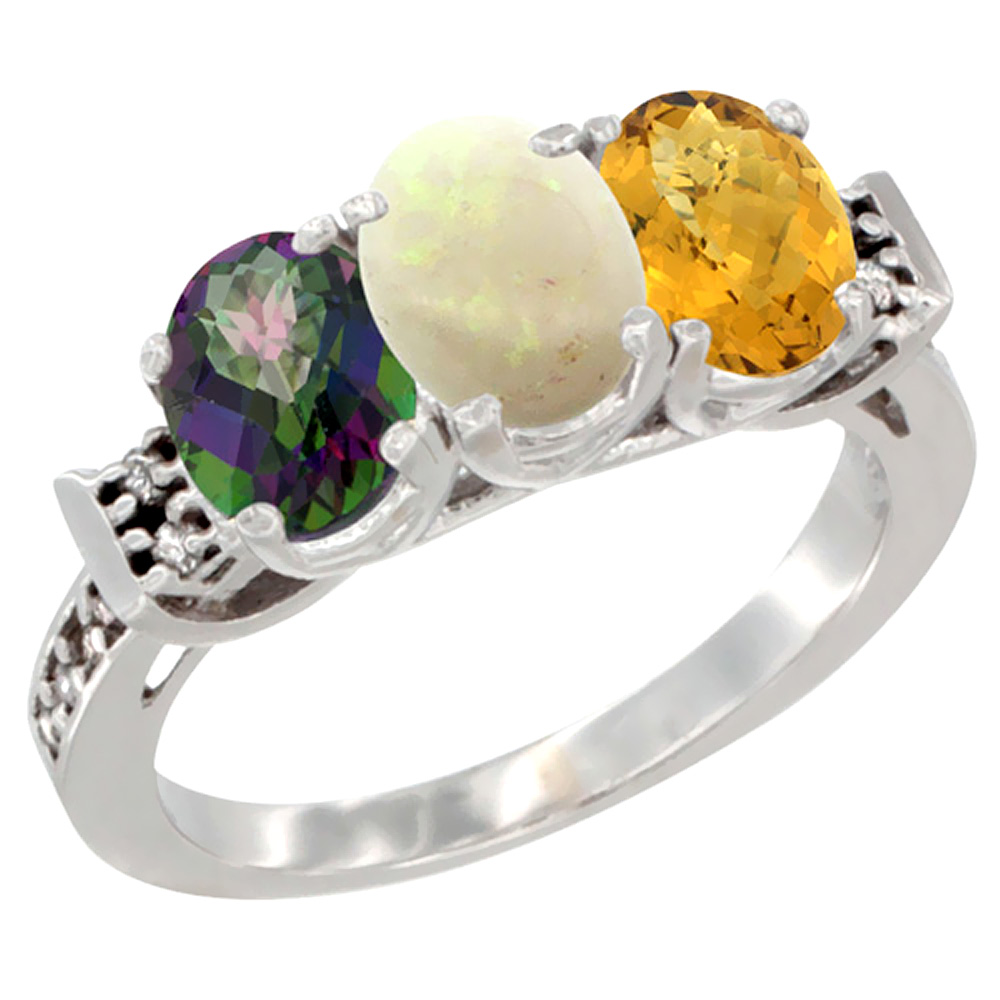 14K White Gold Natural Mystic Topaz, Opal & Whisky Quartz Ring 3-Stone 7x5 mm Oval Diamond Accent, sizes 5 - 10