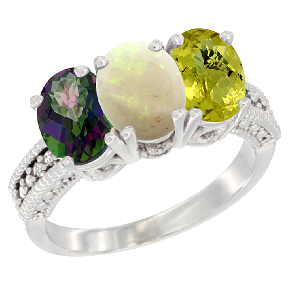 14K White Gold Natural Mystic Topaz, Opal &amp; Lemon Quartz Ring 3-Stone 7x5 mm Oval Diamond Accent, sizes 5 - 10