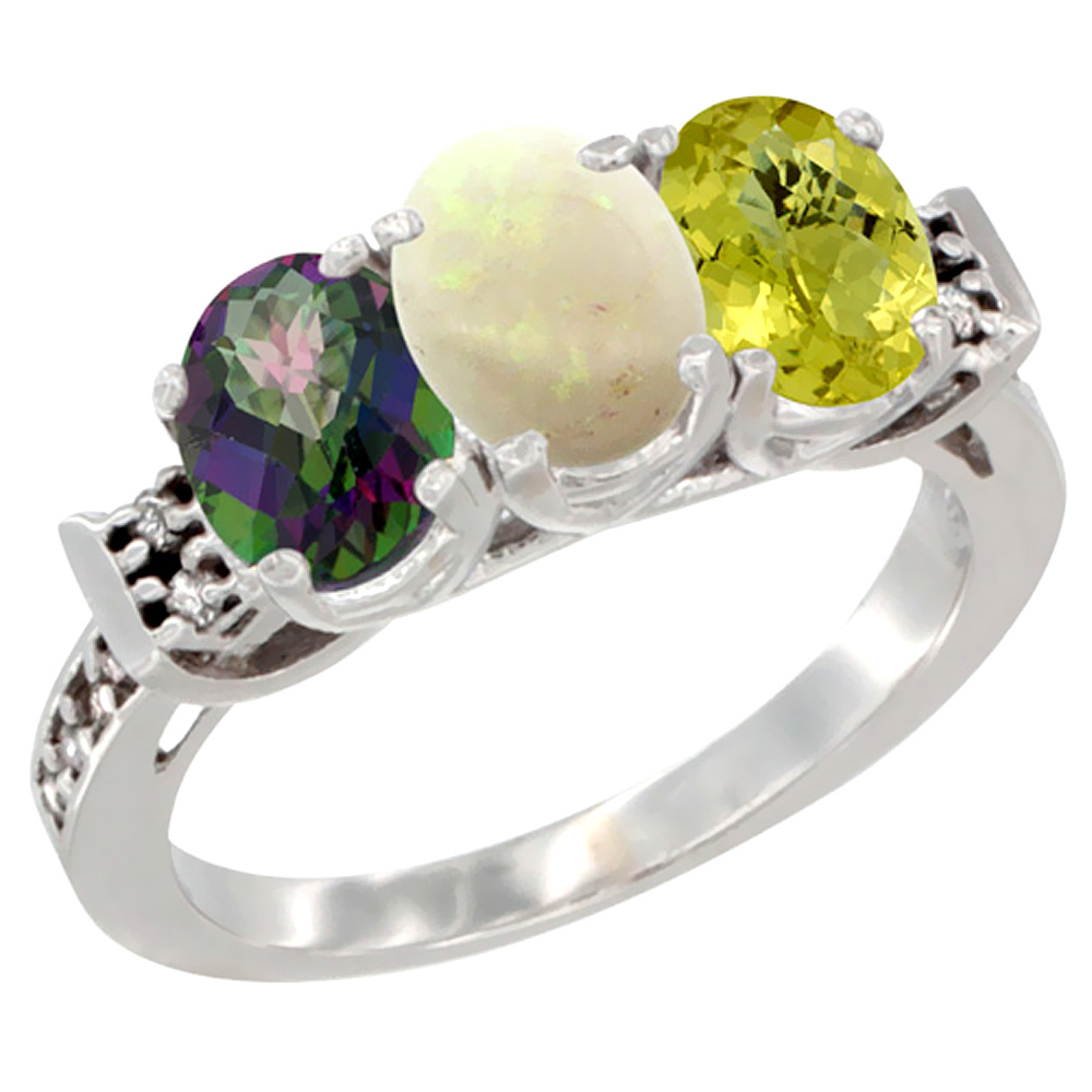 14K White Gold Natural Mystic Topaz, Opal & Lemon Quartz Ring 3-Stone 7x5 mm Oval Diamond Accent, sizes 5 - 10