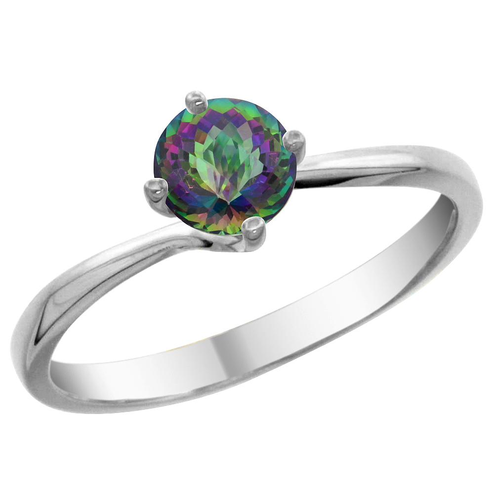 14K White Gold Natural Mystic Topaz Solitaire Ring Round 6mm, sizes 5 - 10