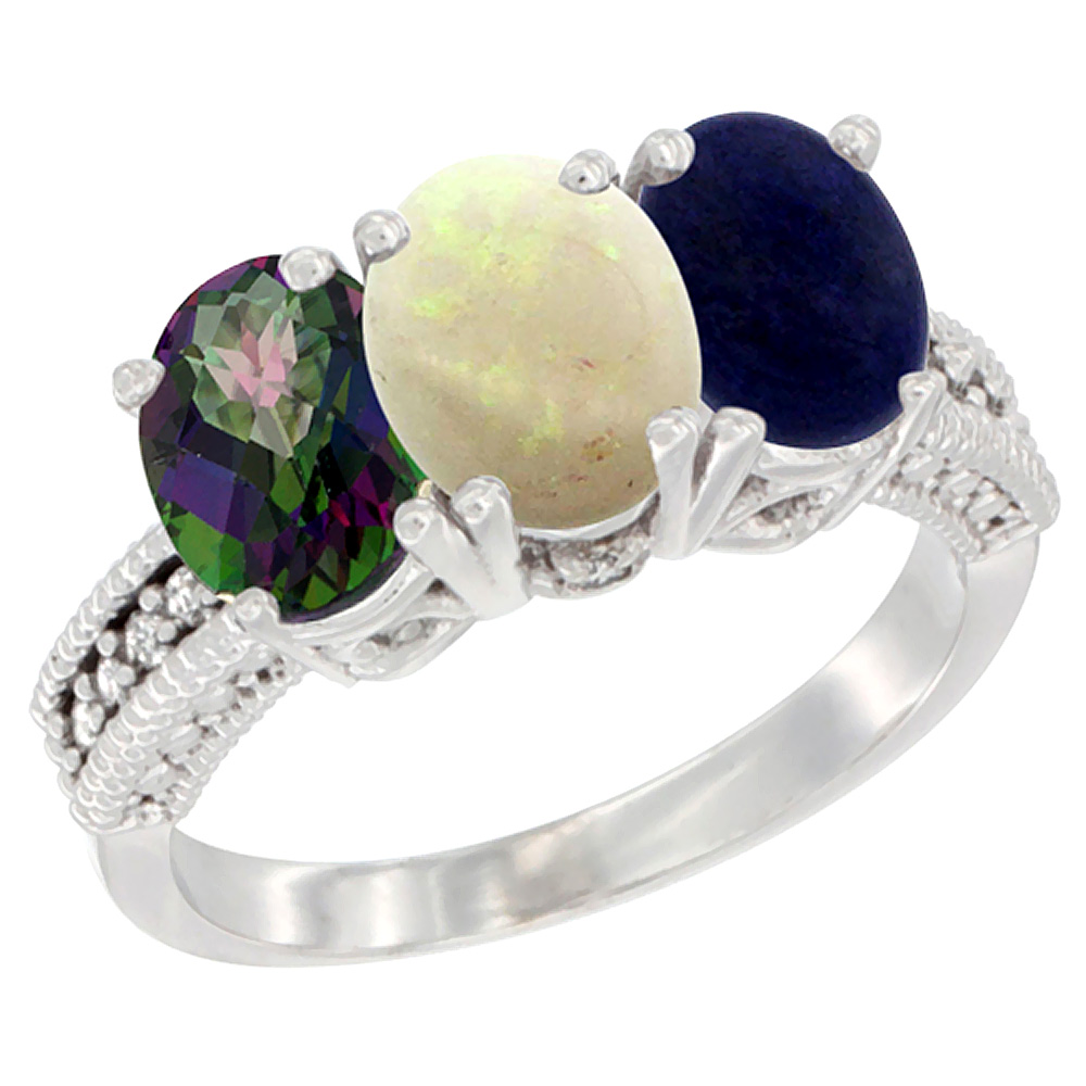 14K White Gold Natural Mystic Topaz, Opal & Lapis Ring 3-Stone 7x5 mm Oval Diamond Accent, sizes 5 - 10