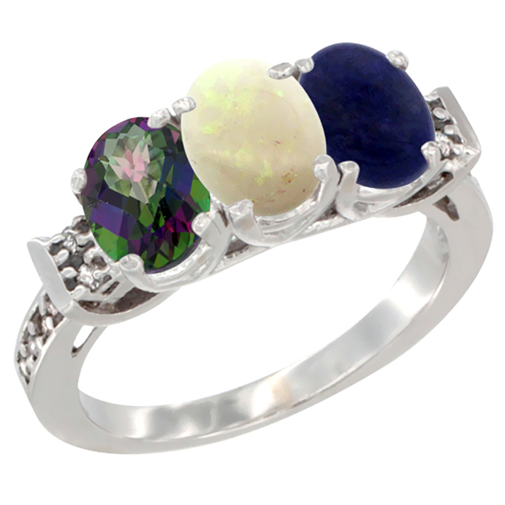 14K White Gold Natural Mystic Topaz, Opal & Lapis Ring 3-Stone 7x5 mm Oval Diamond Accent, sizes 5 - 10