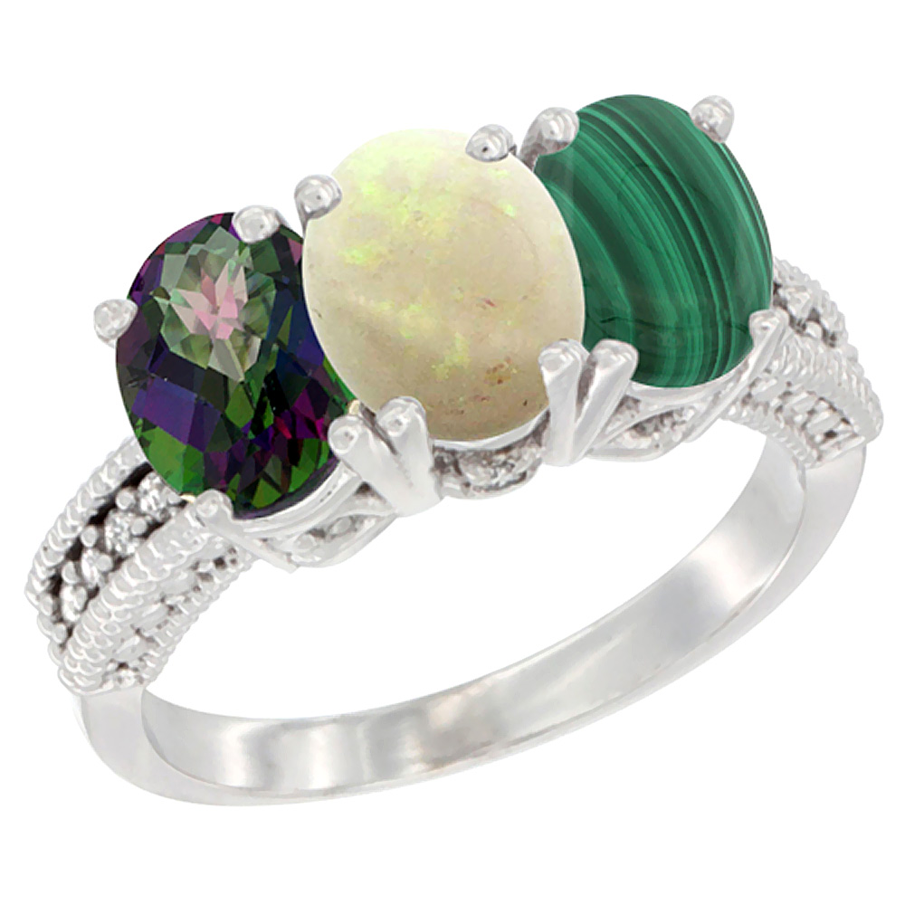 14K White Gold Natural Mystic Topaz, Opal & Malachite Ring 3-Stone 7x5 mm Oval Diamond Accent, sizes 5 - 10