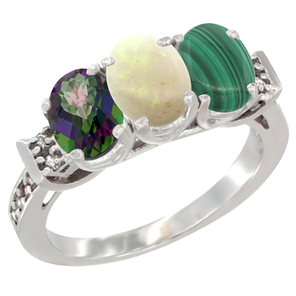 10K White Gold Natural Mystic Topaz, Opal &amp; Malachite Ring 3-Stone Oval 7x5 mm Diamond Accent, sizes 5 - 10