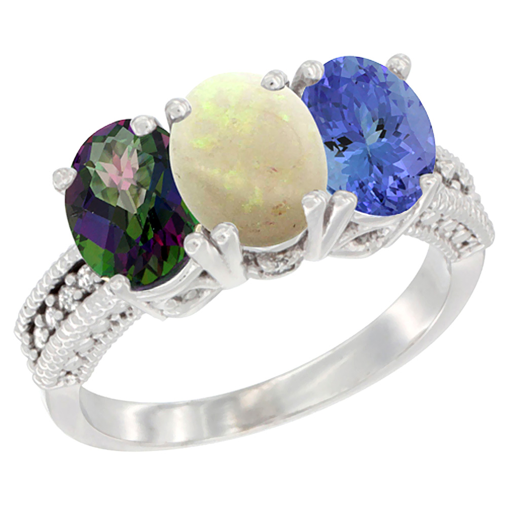 14K White Gold Natural Mystic Topaz, Opal & Tanzanite Ring 3-Stone 7x5 mm Oval Diamond Accent, sizes 5 - 10