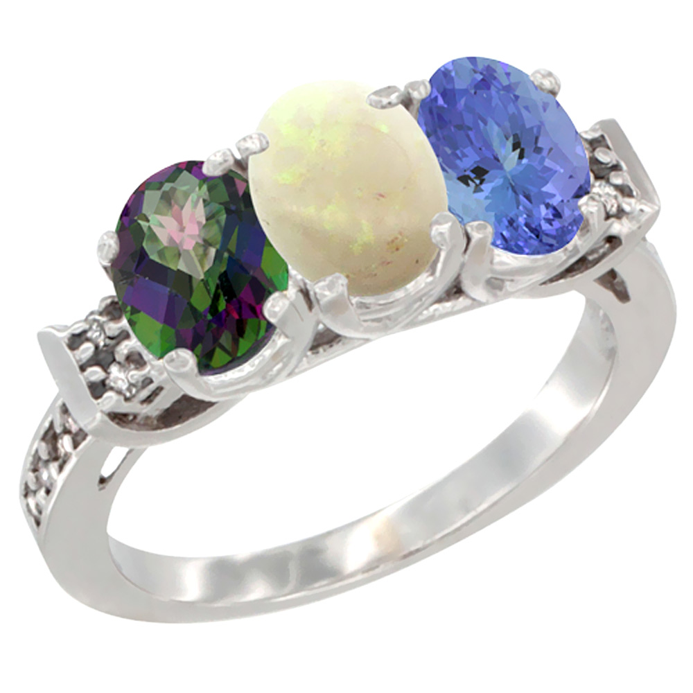 14K White Gold Natural Mystic Topaz, Opal & Tanzanite Ring 3-Stone 7x5 mm Oval Diamond Accent, sizes 5 - 10