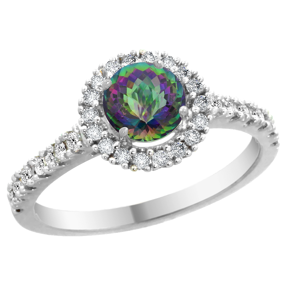 14K White Gold Diamond Halo Natural Mystic Topaz Ring Round 6mm, sizes 5 - 10