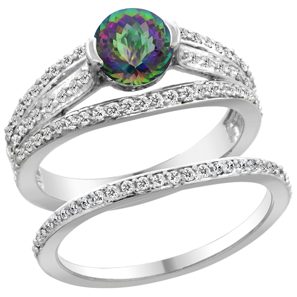 14K White Gold Natural Mystic Topaz 2-piece Engagement Ring Set Round 6mm, sizes 5 - 10