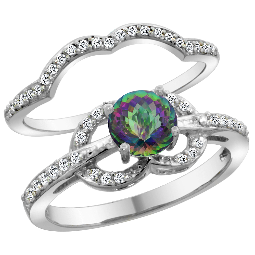 14K White Gold Natural Mystic Topaz 2-piece Engagement Ring Set Round 6mm, sizes 5 - 10