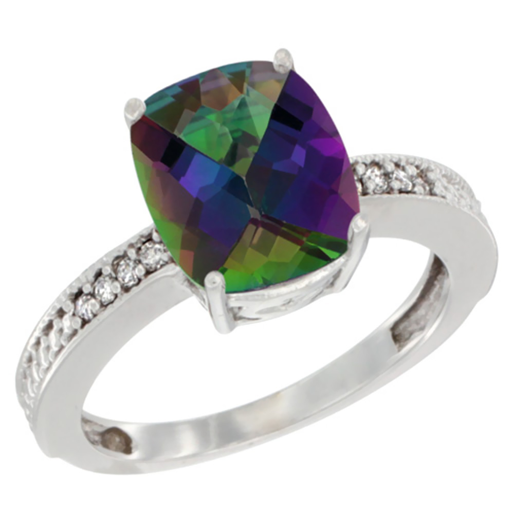 10K White Gold Diamond Cushion 10x8 mm Natural Mystic Topaz Stone Ring, sizes 5 - 10